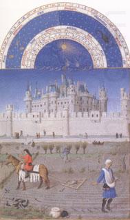 The medieval Louvre is in the background of the October calendar page (mk05), LIMBOURG brothers